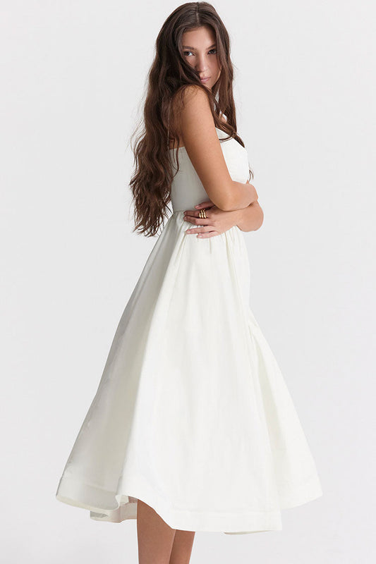 Women's Midi Dress White Cotton Spaghetti Strap Summer Fit and Flare 1