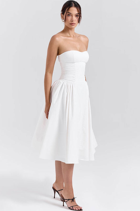 Women's Midi Dress White Cotton Strapless Fit and Flare