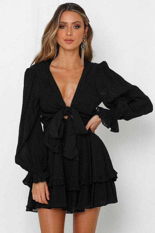 Women's Mini Dress Black Chiffon Balloon Sleeve 1