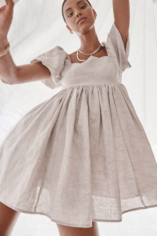 Women's Mini Dress Khaki Cotton Blend with Puff Sleeves 1