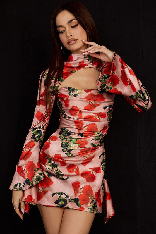 Women's Mini Dress Red Polyester Rose Print 1