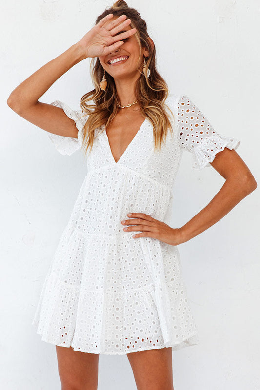 Women's Mini Dress White Broderie Anglaise Cotton 1