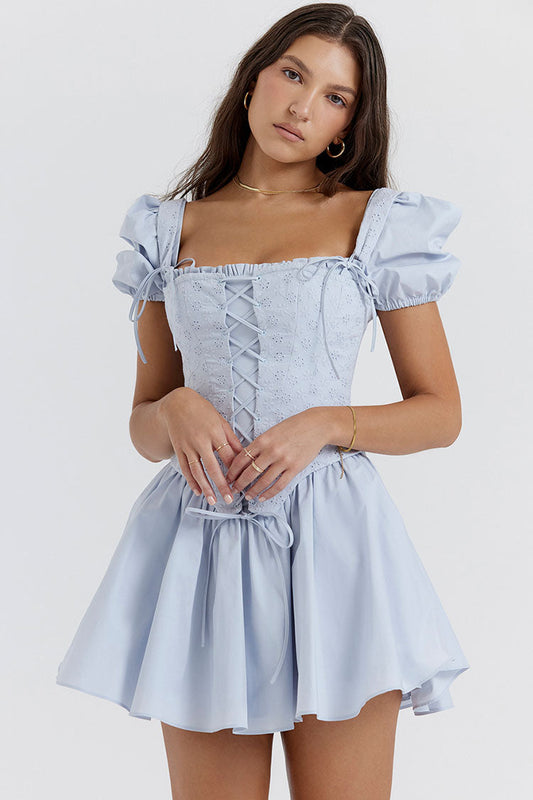 Women's Mini Sundress Blue Cotton Floral Embroidered Fit & Flare 1