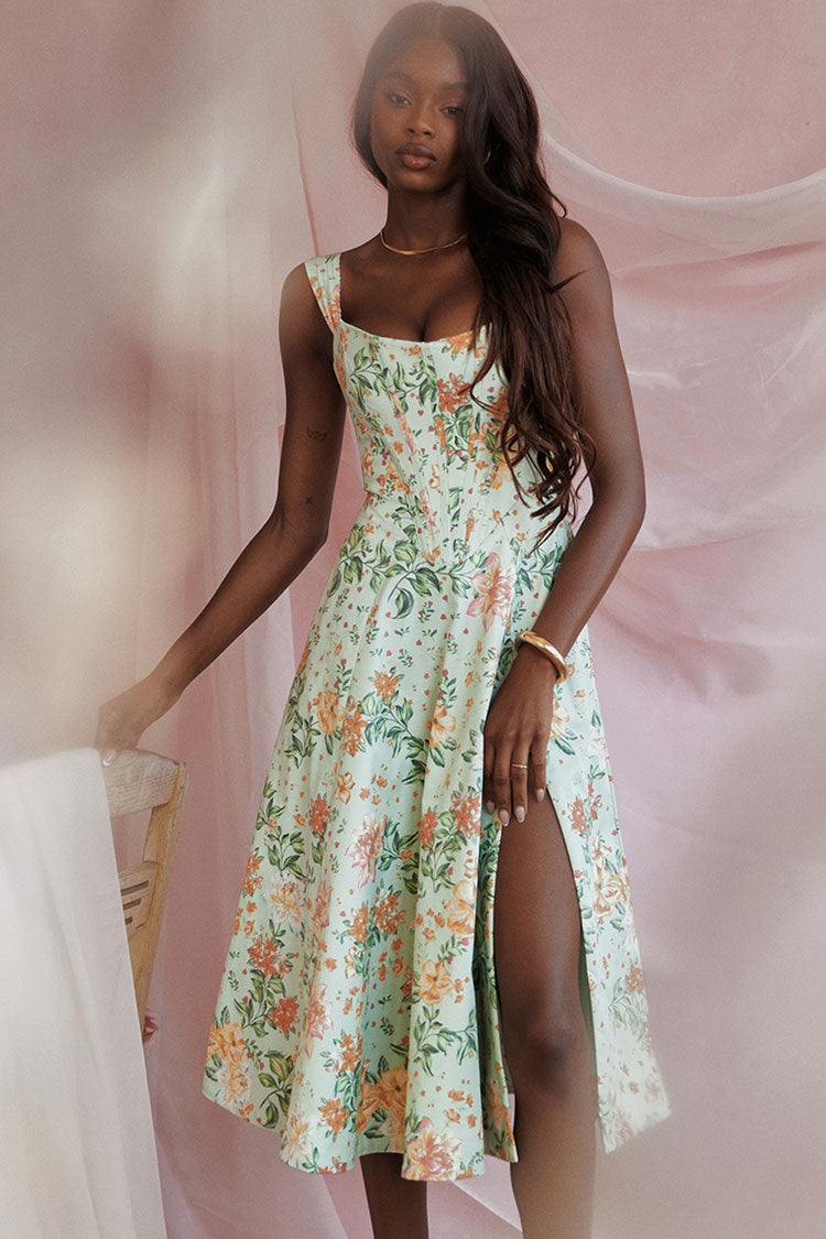 Dames Mini Zomerjurk Groene Bloemen Katoen