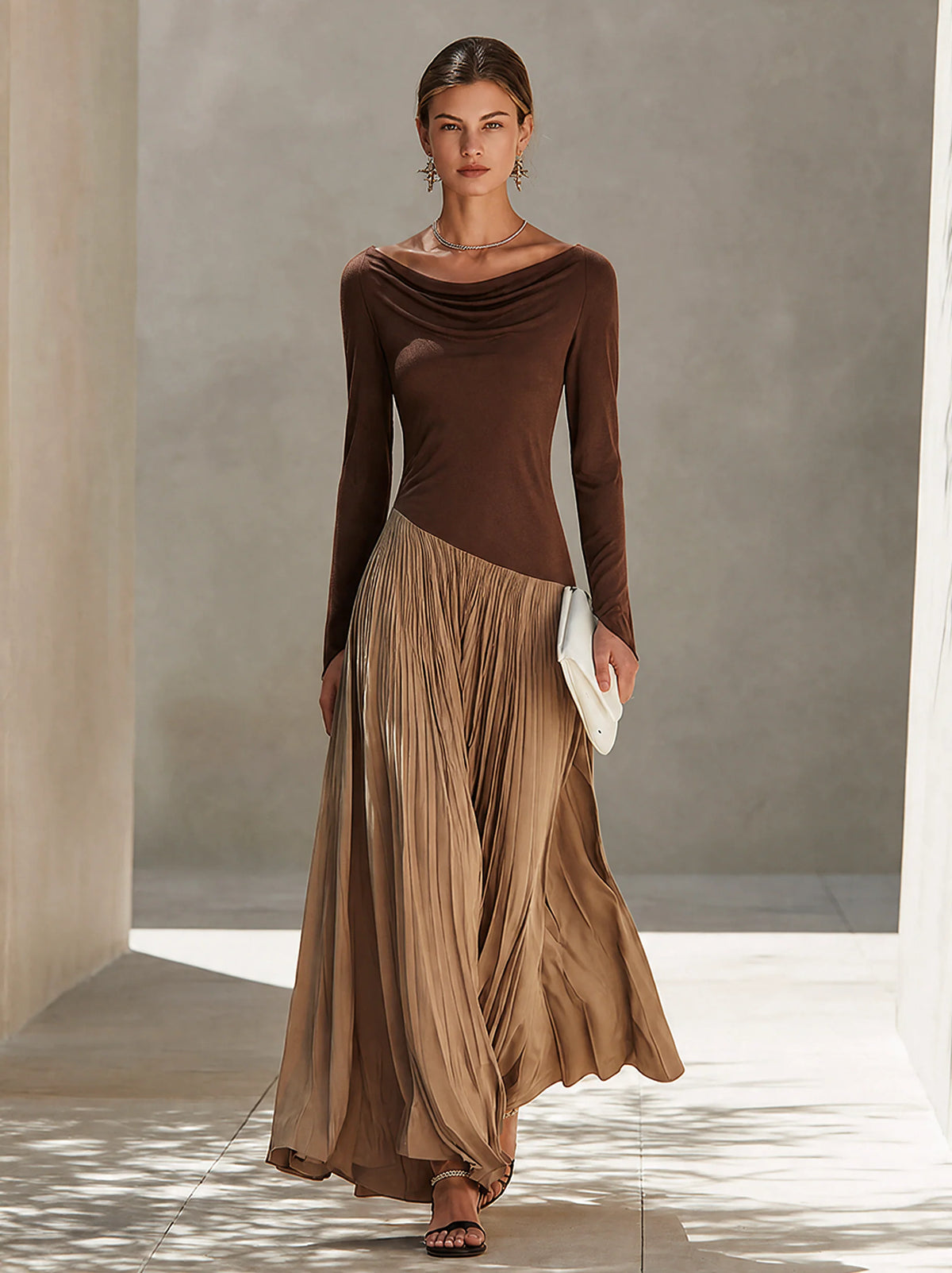 Women's Two-Tone Draped-Neck Pleated Maxi Dress in Brown – Product view | Hensley London