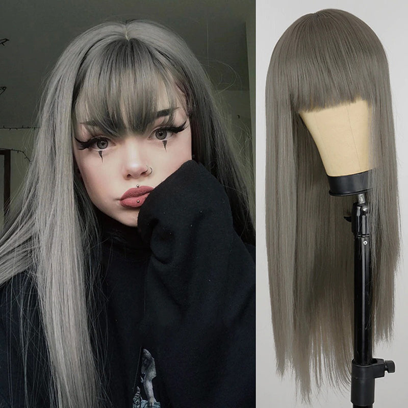 Women's Multi-color Wig Set Long Straight Short Hair with Bangs 7