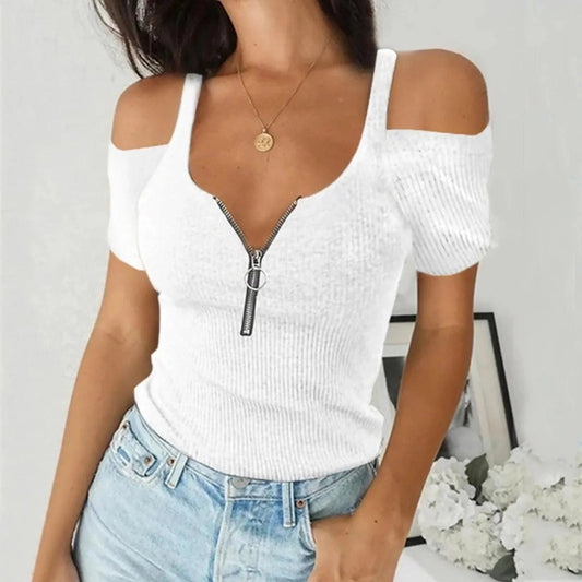 Womens Off-Shoulder Ribbed Knit Going Out Top with Deep V-Neck and Slim Fit 2