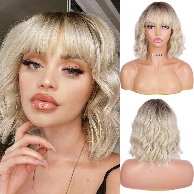 Women's Ombre Blonde Hair Wig Short Wavy High-Temperature Fiber 0