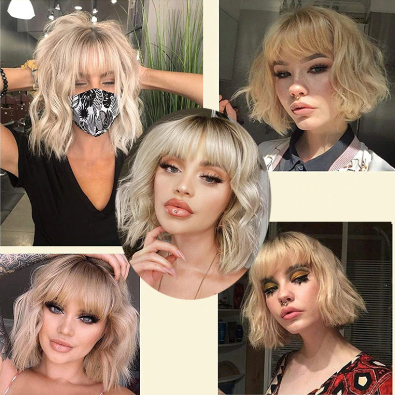 Women's Ombre Blonde Hair Wig Short Wavy High-Temperature Fiber 1