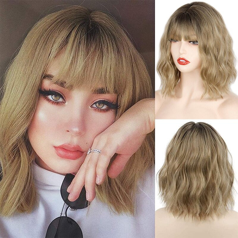 Women's Ombre Blonde Hair Wig Short Wavy High-Temperature Fiber 16