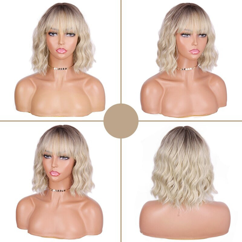 Women's Ombre Blonde Hair Wig Short Wavy High-Temperature Fiber 2