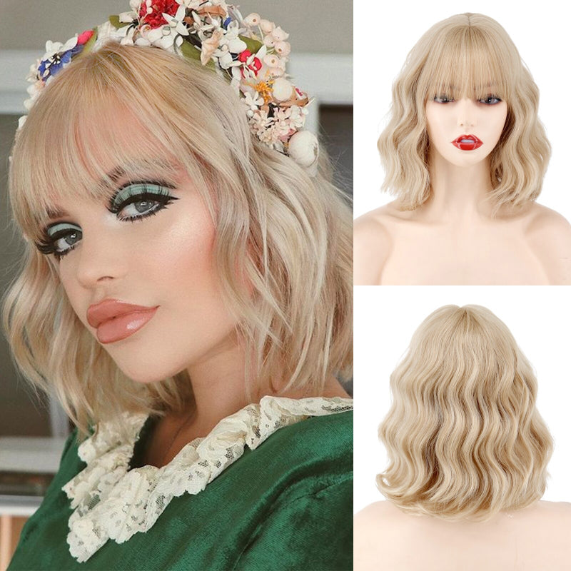 Women's Ombre Blonde Hair Wig Short Wavy High-Temperature Fiber 20