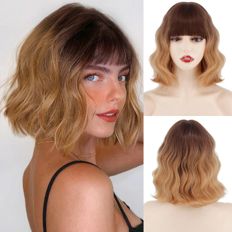 Women's Ombre Blonde Hair Wig Short Wavy High-Temperature Fiber 28