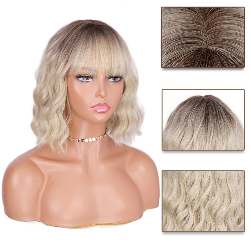 Women's Ombre Blonde Hair Wig Short Wavy High-Temperature Fiber 3