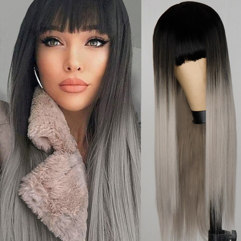 Women's Ombre Gray Wig with Bangs Long High-Temperature Fiber 0