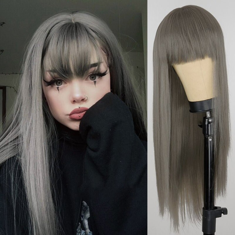 Women's Ombre Gray Wig with Bangs Long High-Temperature Fiber 4