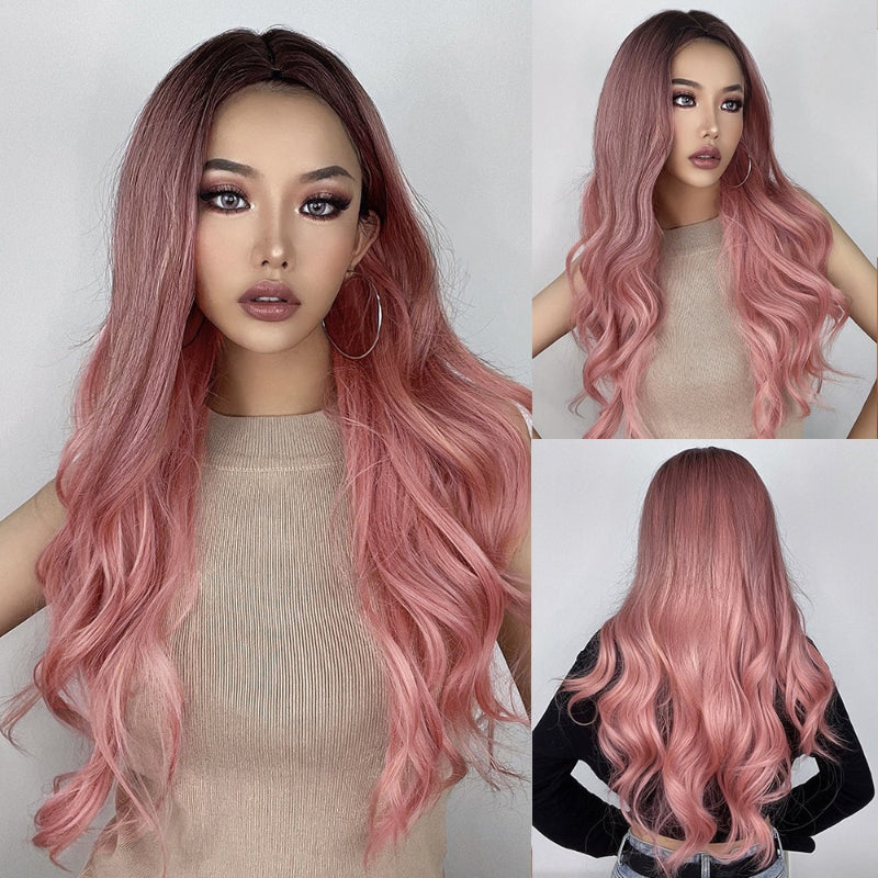 Women's Ombre Pink Long Wavy Wig Synthetic Hair 0