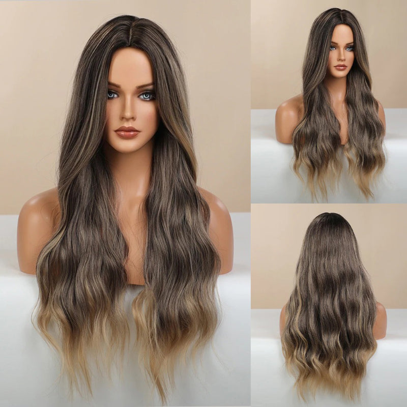 Women's Ombre Pink Long Wavy Wig Synthetic Hair 24