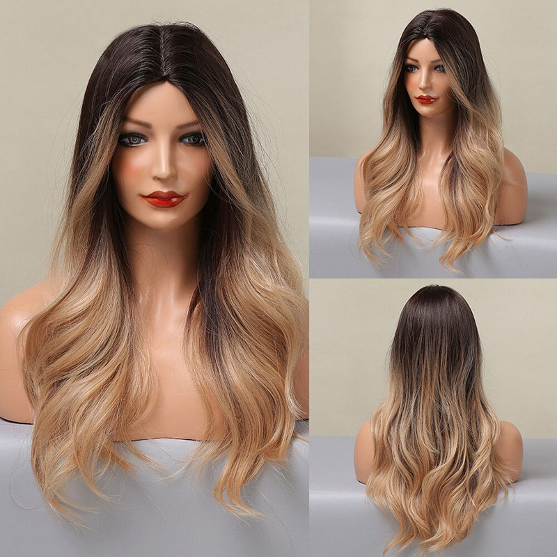 Women's Ombre Pink Long Wavy Wig Synthetic Hair 28