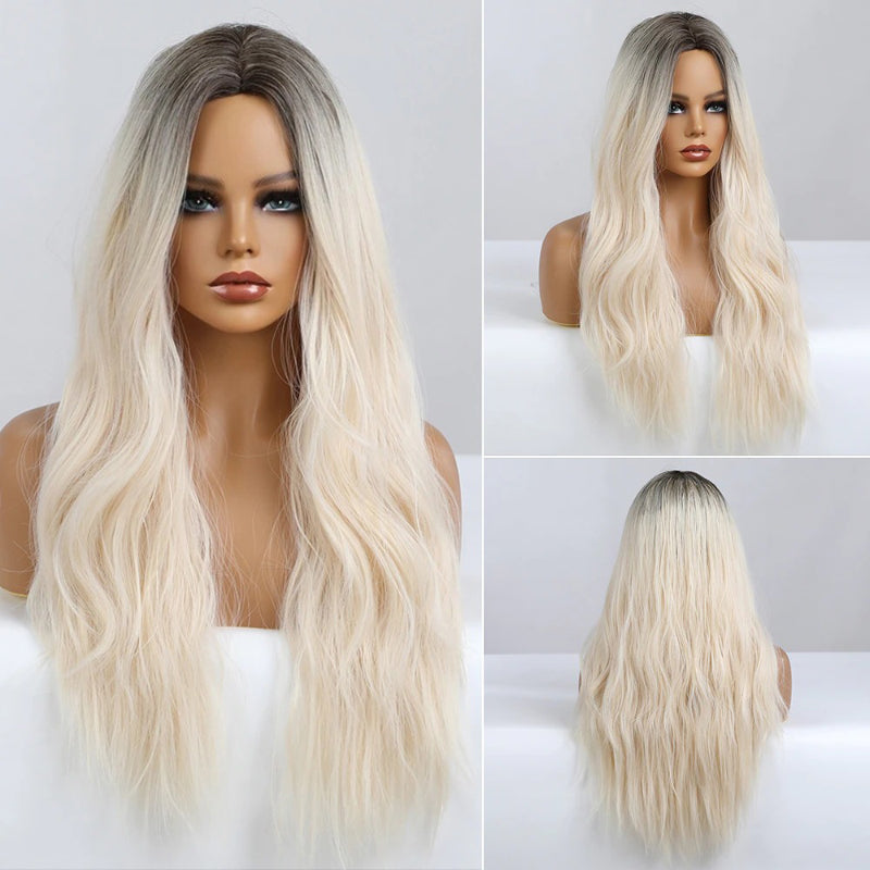 Women's Ombre Pink Long Wavy Wig Synthetic Hair 34
