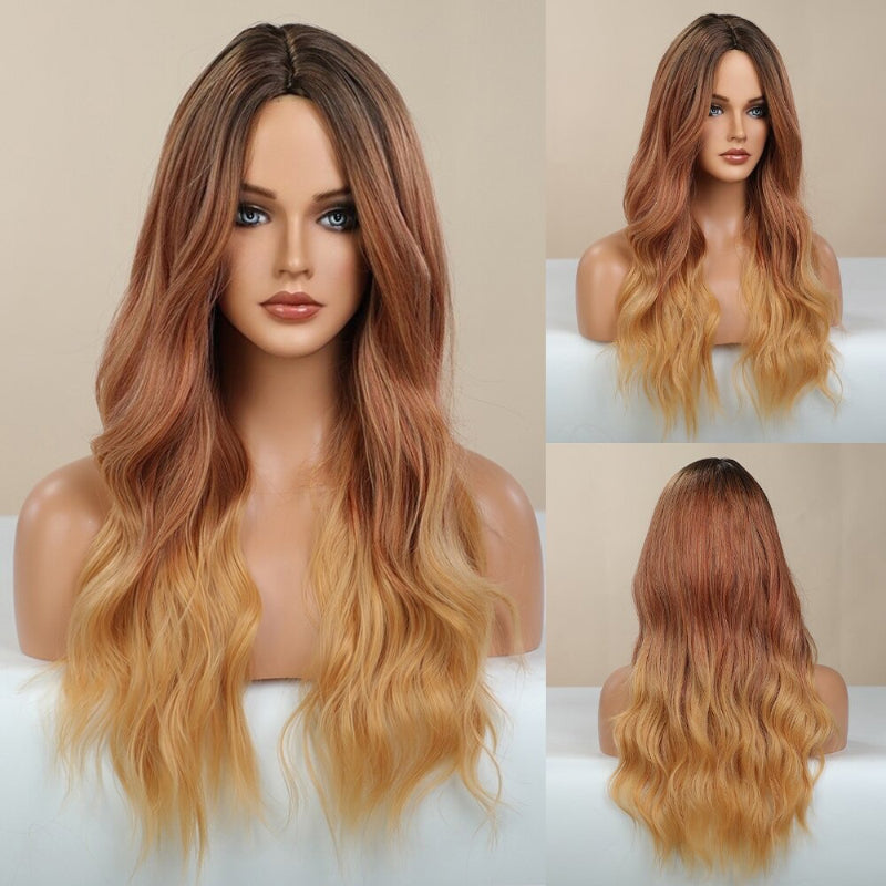 Women's Ombre Pink Long Wavy Wig Synthetic Hair 35
