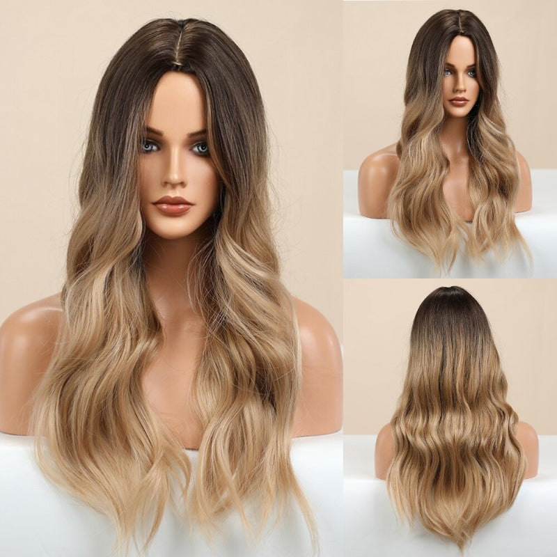 Women's Ombre Pink Long Wavy Wig Synthetic Hair 36