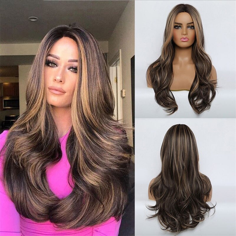 Women's Ombre Pink Long Wavy Wig Synthetic Hair 37