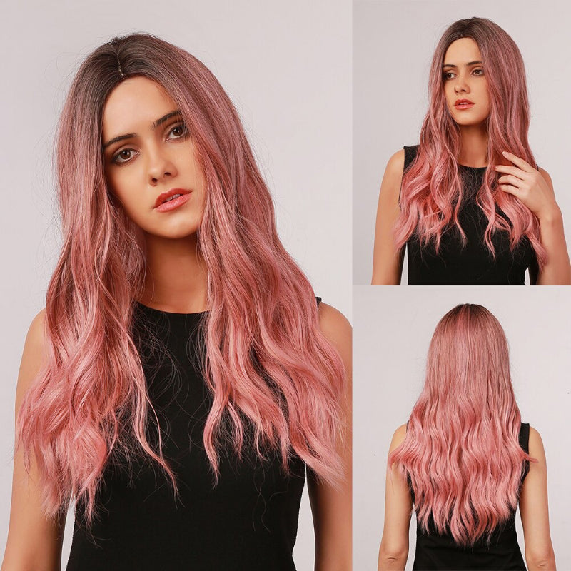 Women's Ombre Pink Long Wavy Wig Synthetic Hair 41