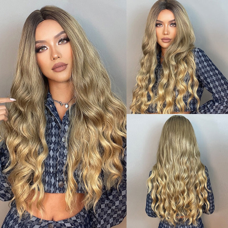 Women's Ombre Wig Brown Purple Synthetic Heat-Resistant Long Wavy 14