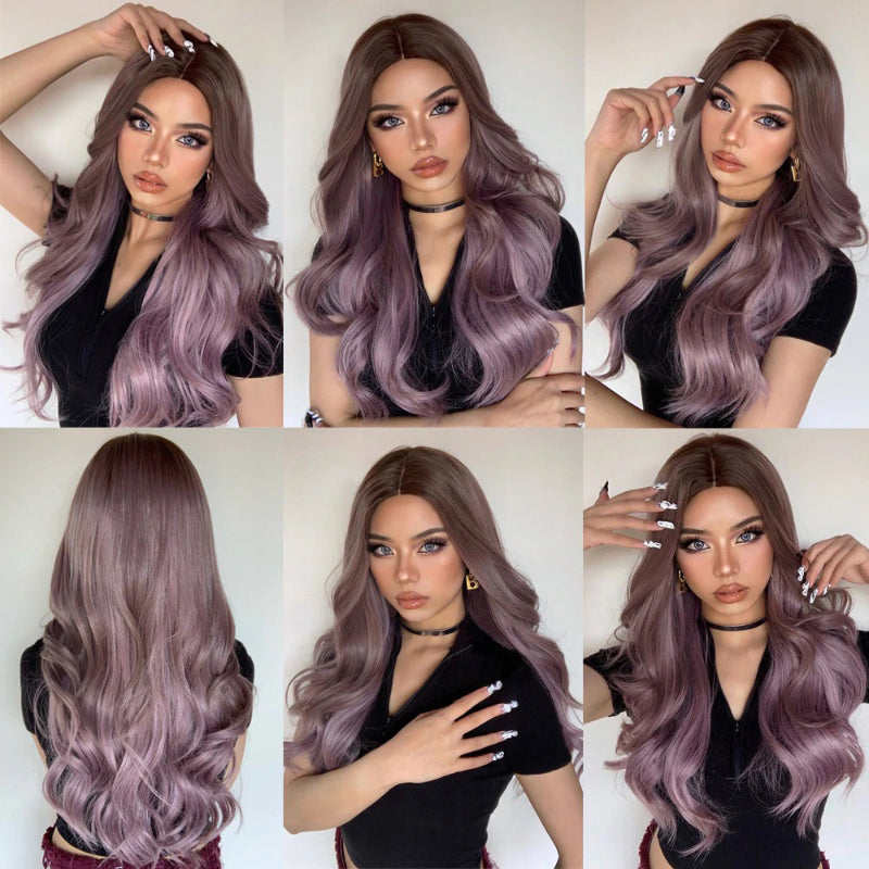 Women's Ombre Wig Brown Purple Synthetic Heat-Resistant Long Wavy 2