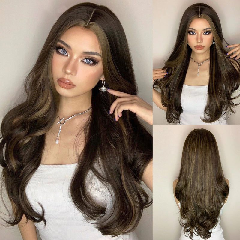 Women's Ombre Wig Brown Purple Synthetic Heat-Resistant Long Wavy 24