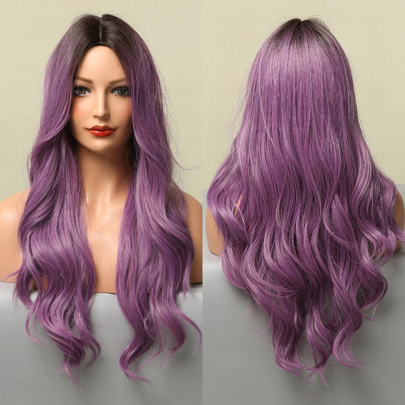 Women's Ombre Wig Brown Purple Synthetic Heat-Resistant Long Wavy 25
