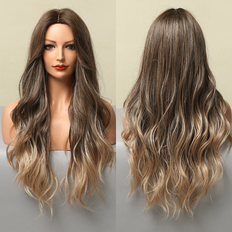 Women's Ombre Wig Brown Purple Synthetic Heat-Resistant Long Wavy 28