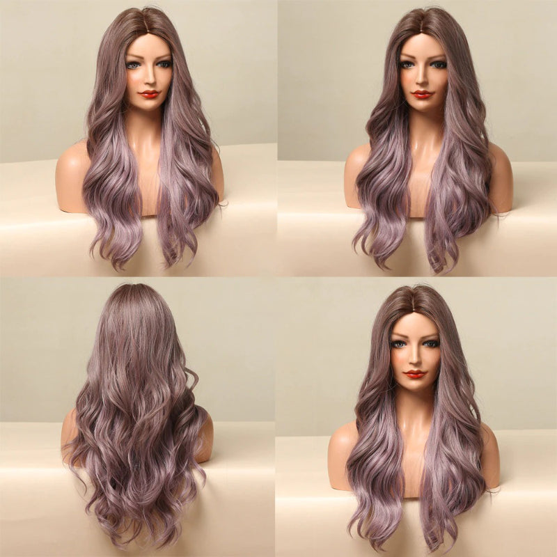 Women's Ombre Wig Brown Purple Synthetic Heat-Resistant Long Wavy 3
