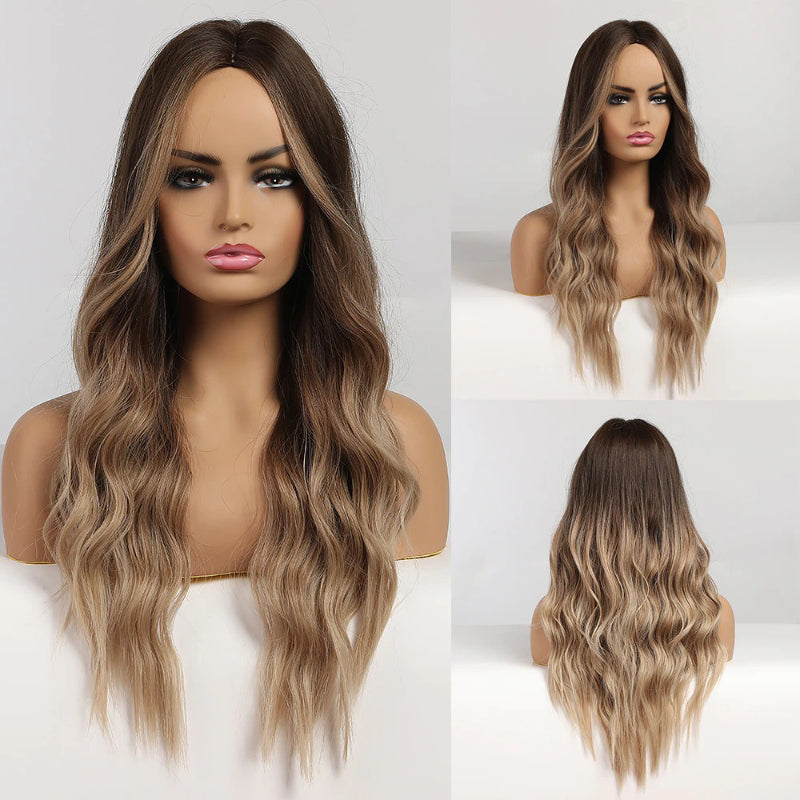 Women's Ombre Wig Brown Purple Synthetic Heat-Resistant Long Wavy 30