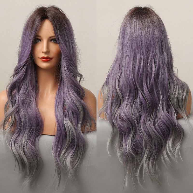 Women's Ombre Wig Brown Purple Synthetic Heat-Resistant Long Wavy 31