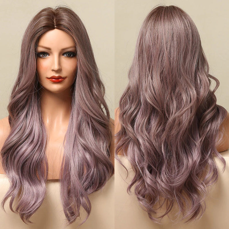 Women's Ombre Wig Brown Purple Synthetic Heat-Resistant Long Wavy 4