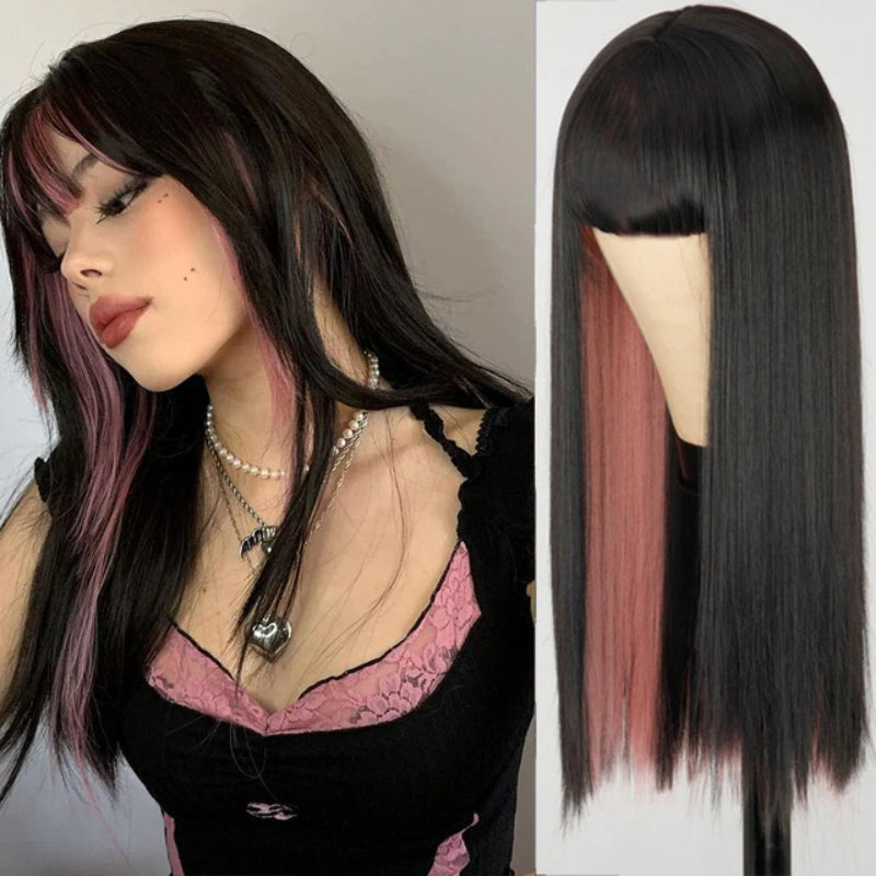 Women's Ombre Wig Pink and Black Long Straight High-Temperature Fiber 0