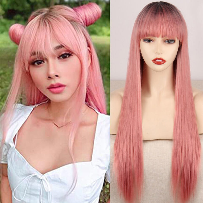 Women's Ombre Wig Pink and Black Long Straight High-Temperature Fiber 15