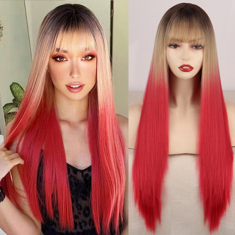 Women's Ombre Wig Pink and Black Long Straight High-Temperature Fiber 18