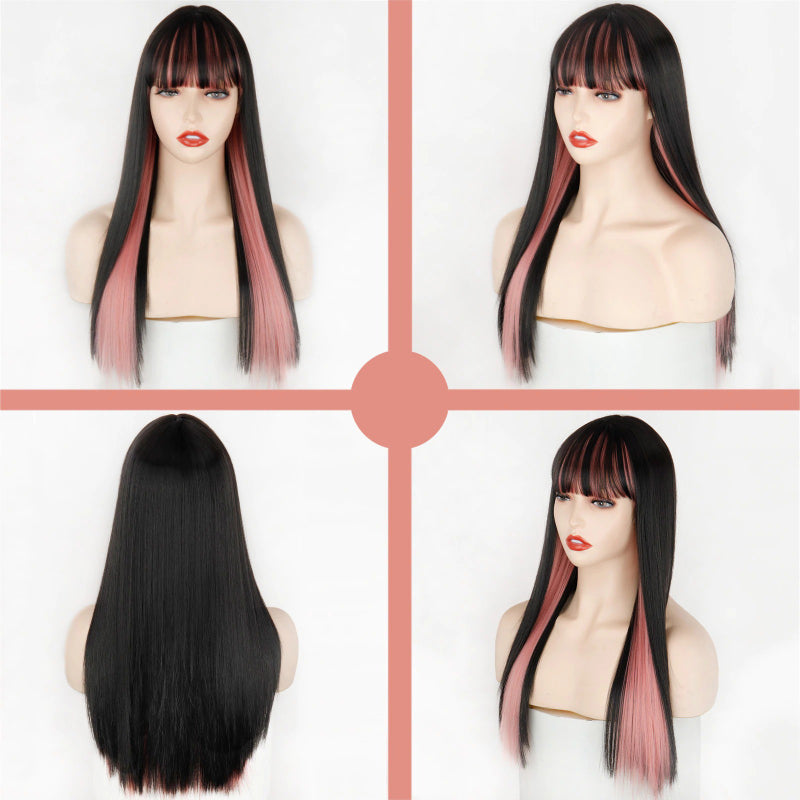 Women's Ombre Wig Pink and Black Long Straight High-Temperature Fiber 2