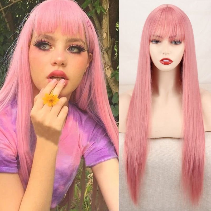 Women's Ombre Wig Pink and Black Long Straight High-Temperature Fiber 20
