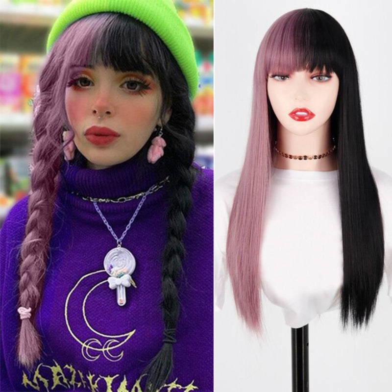 Women's Ombre Wig Pink and Black Long Straight High-Temperature Fiber 27