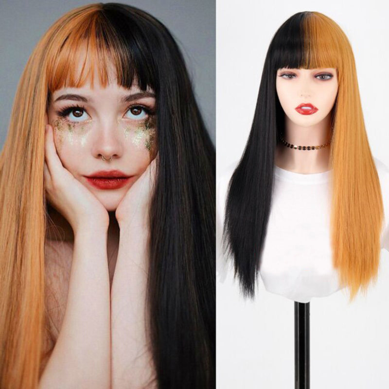 Women's Ombre Wig Pink and Black Long Straight High-Temperature Fiber 28
