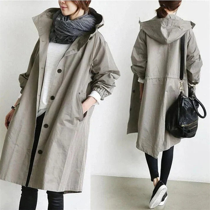 Women's Trench Coat Beige Oversized Cotton with Hood and Pockets - 9