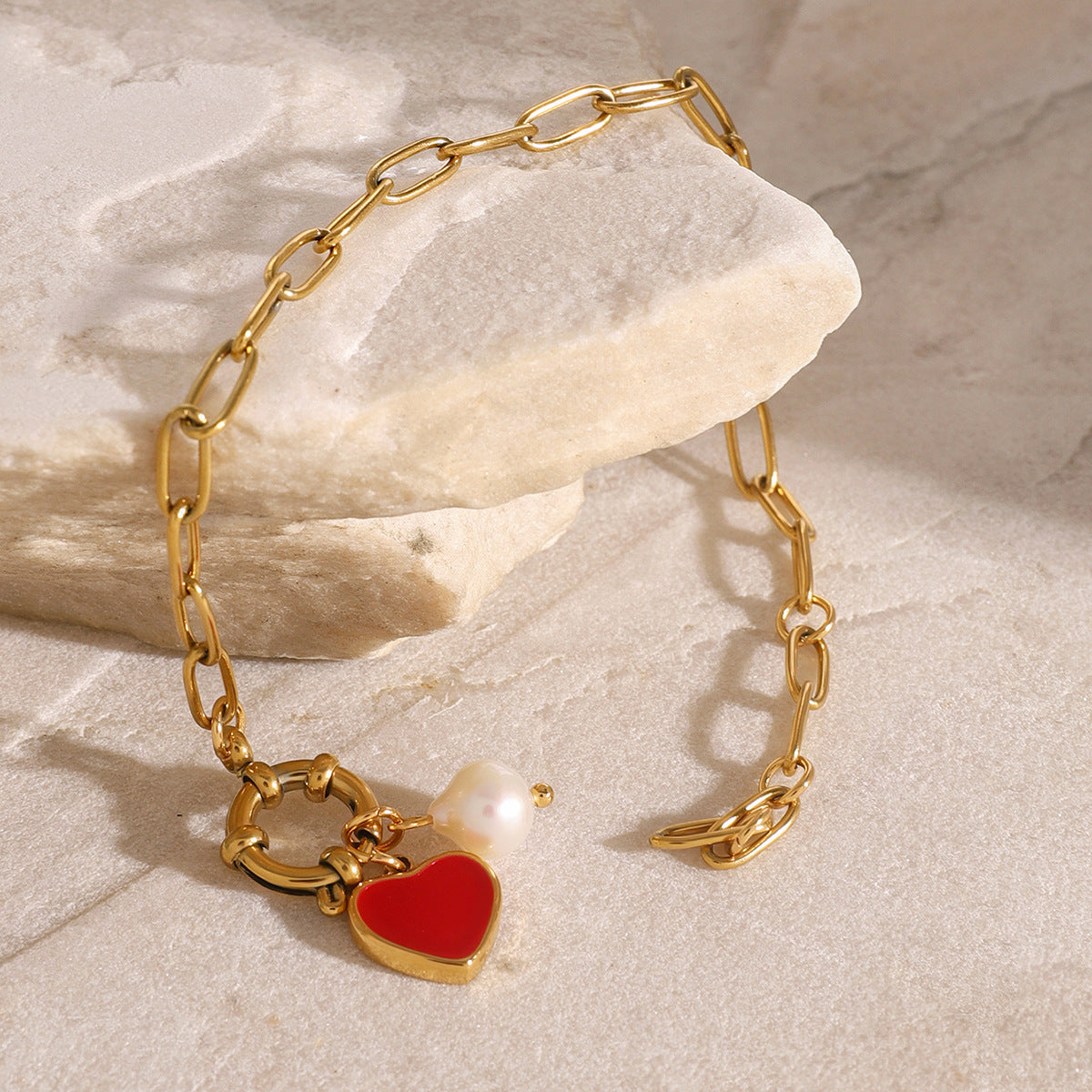 Women's Pearl Bracelet Gold Stainless Steel Heart Pendant 3
