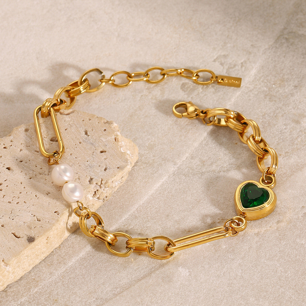 Women's Pearl Bracelet Green Stainless Steel-Plated 18k Gold 2
