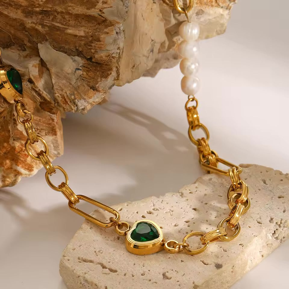 Women's Pearl Bracelet Green Stainless Steel-Plated 18k Gold 3