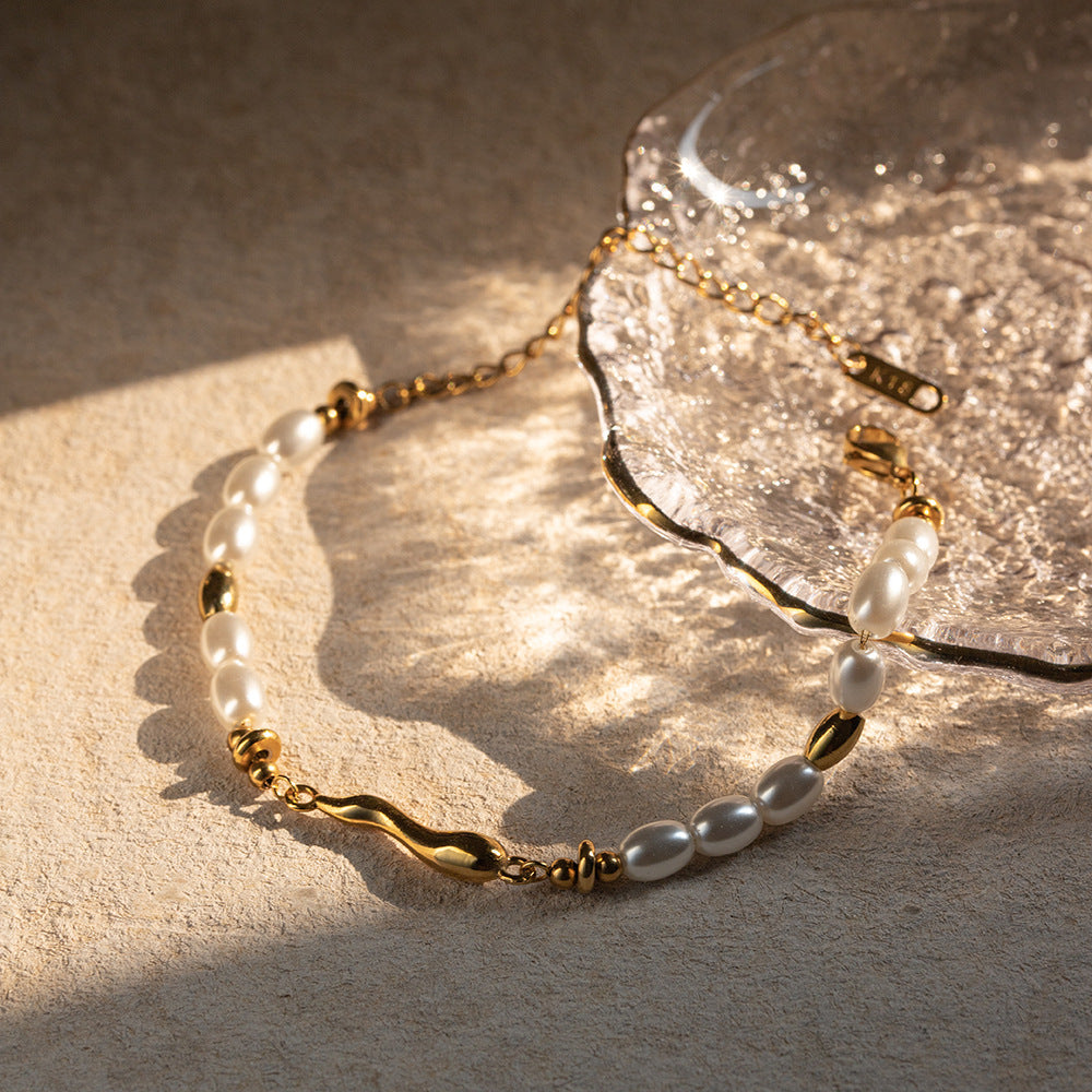Women's Pearl Bracelet White Stainless Steel-Plated 18k Gold 2