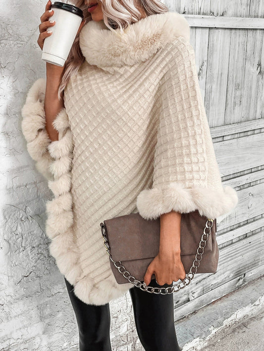 Women's Oversized Cable Knit Poncho with Faux Fur Trim - Stylish Cowl Neck Cape 2